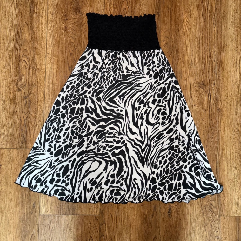 Y2k Pacific Beach Zebra Leopard Print Smocked Strapless Dress White Black sz M